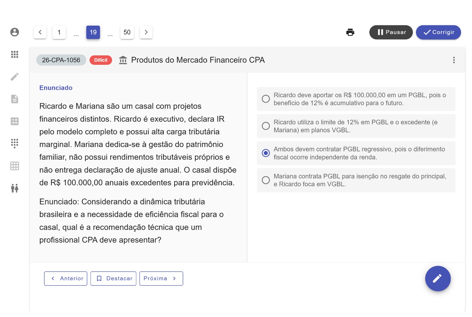 Interface mostrando um simulado sendo realizado na plataforma